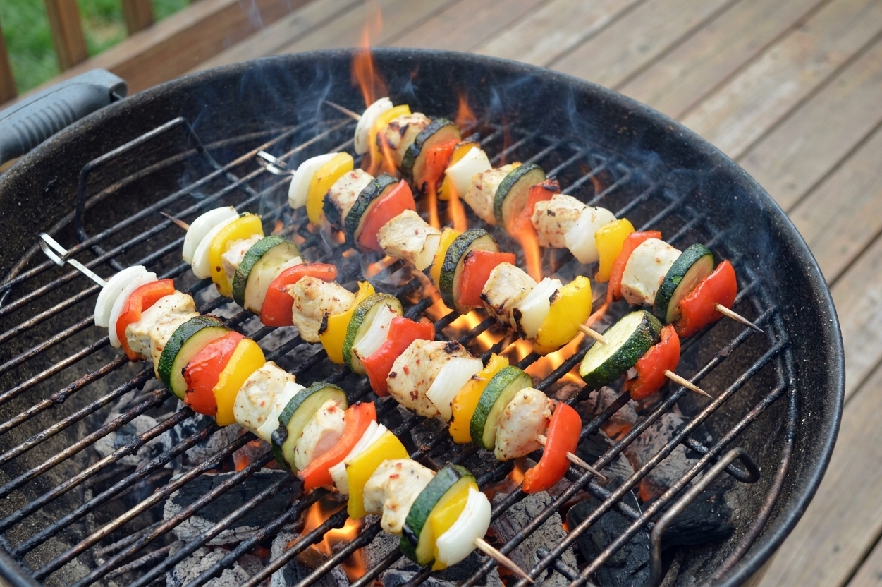 Chicken and vegetable kabobs cooking on a hot outdoor grill with visible char marks forming on the edges