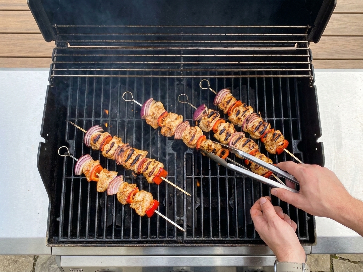 Chicken and vegetable kabobs cooking on an outdoor grill with visible grill marks forming and light charring on the edges