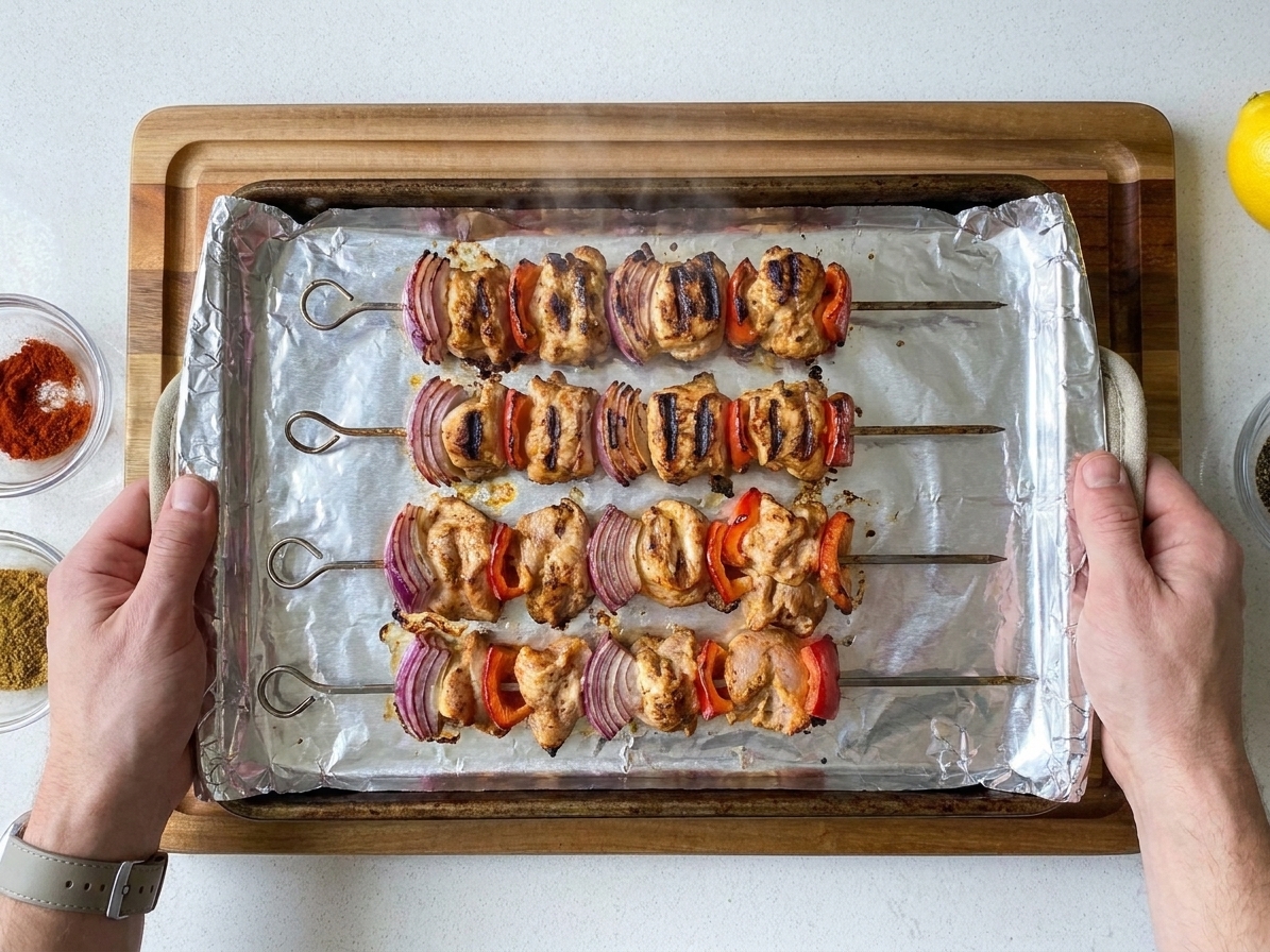 Chicken and vegetable kabobs on a foil-lined sheet pan coming out of the oven with lightly charred edges