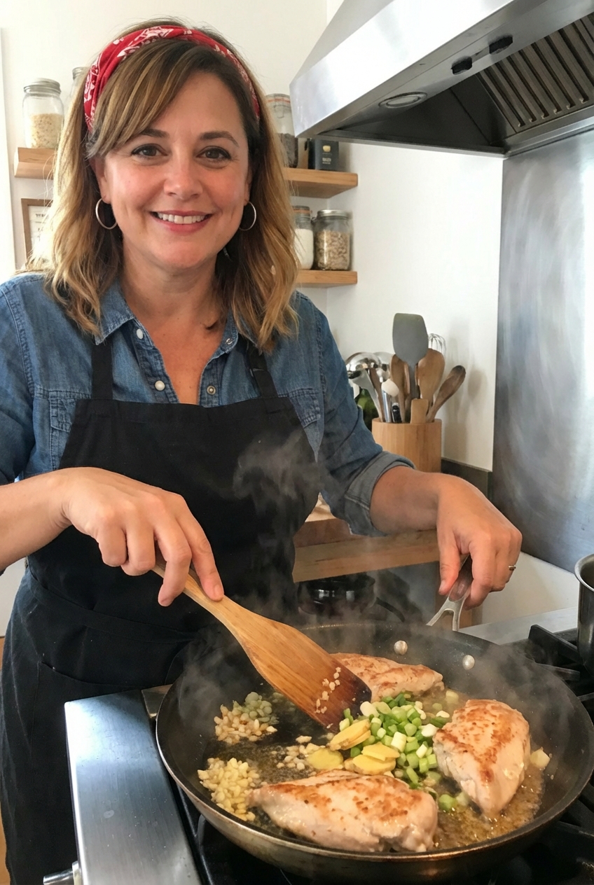 Chicken being sautéed in a skillet with garlic, ginger, and green onions