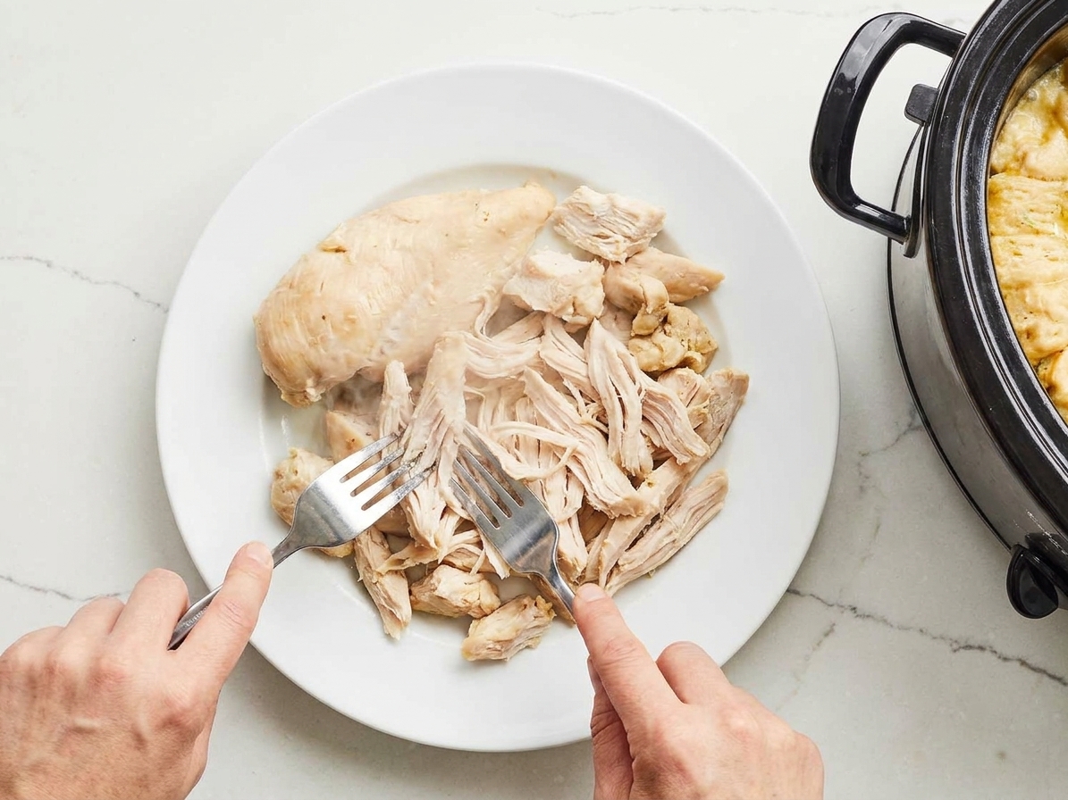 Chicken being shredded with two forks on a white plate, with the slow cooker nearby