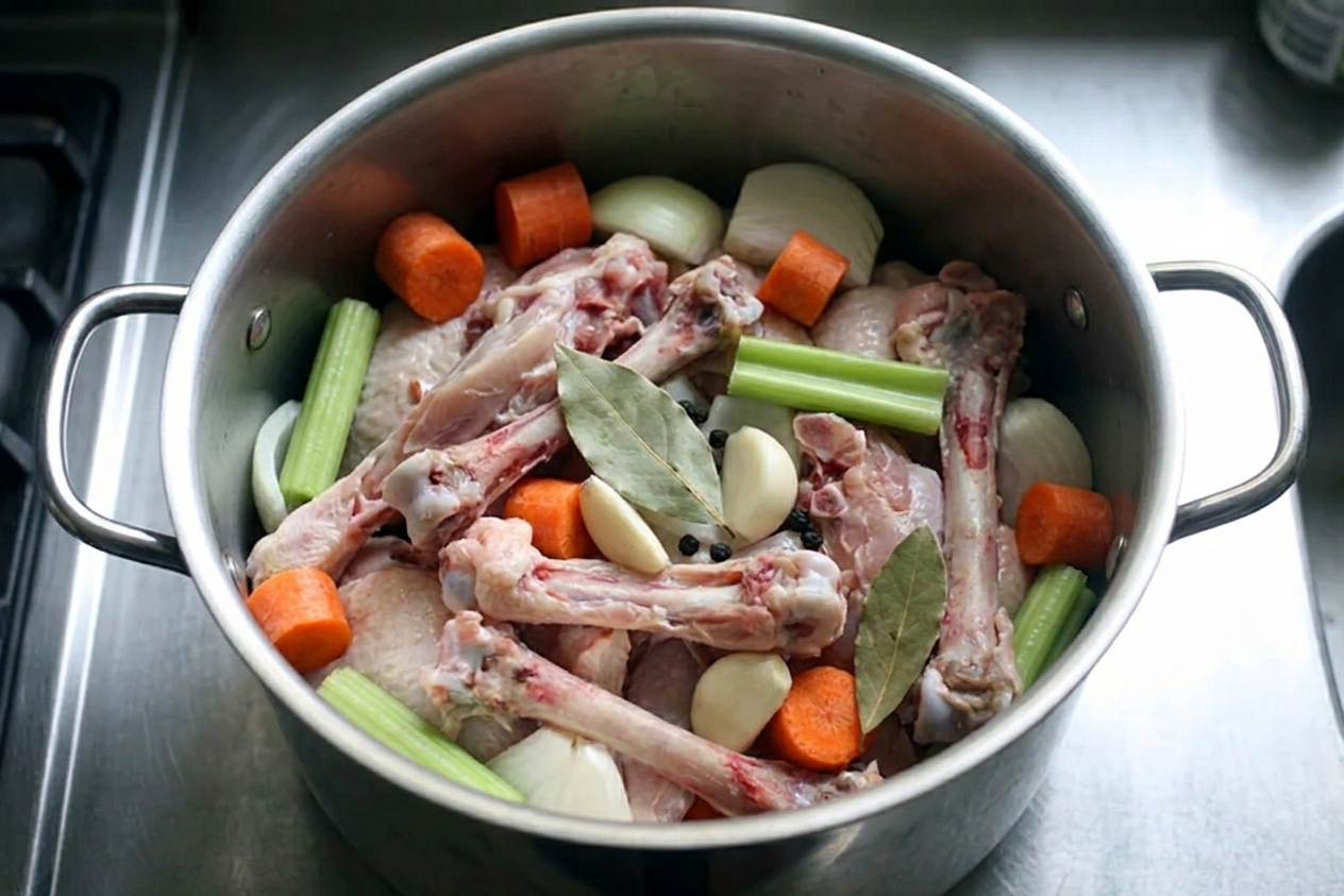 Chicken bones and chopped vegetables in a large stockpot before adding water