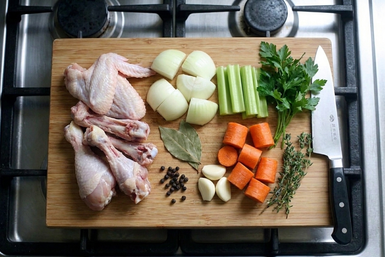 Chicken bones, onion, celery, carrots, garlic, and herbs arranged on a cutting board
