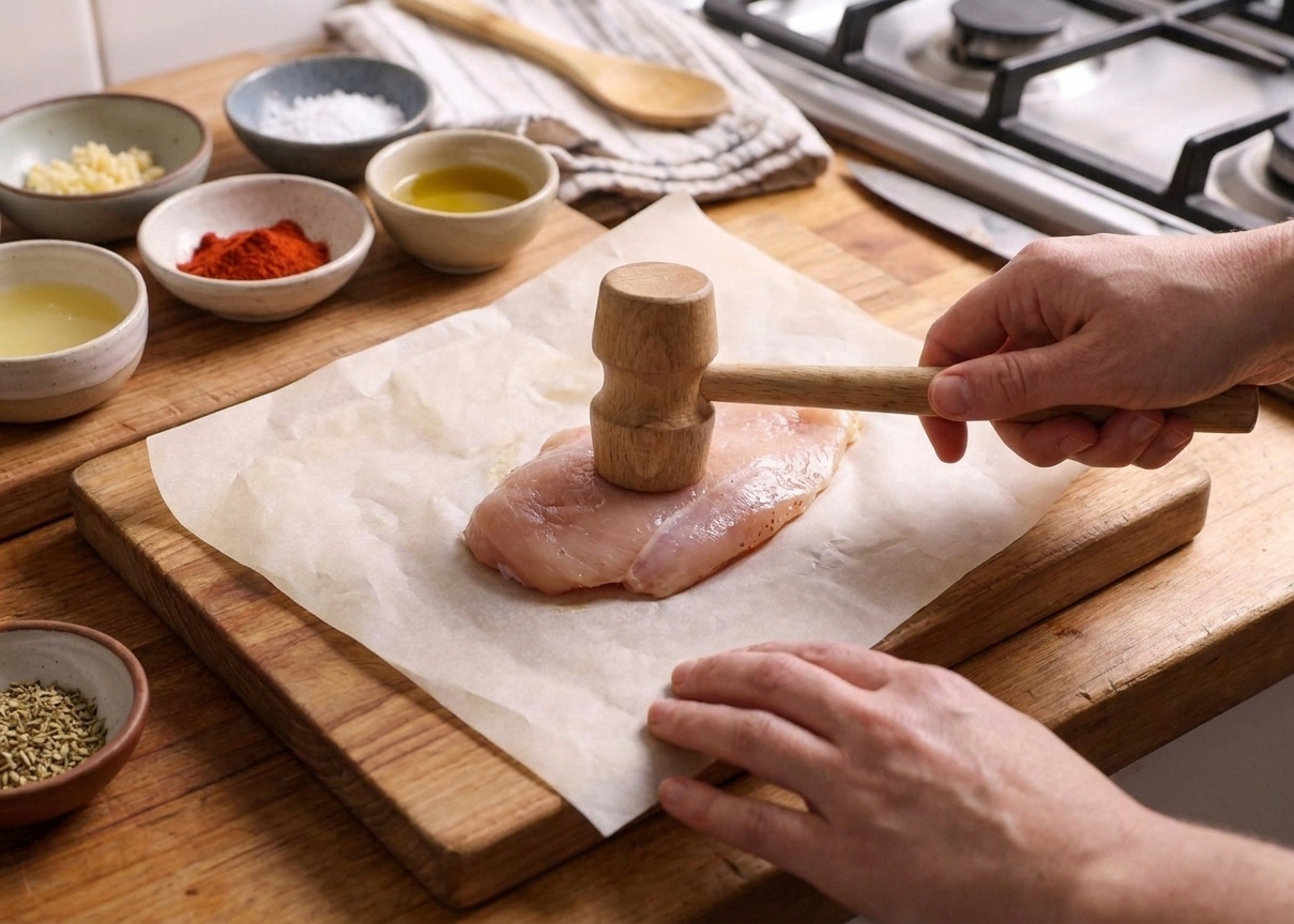 Chicken breast being gently pounded to even thickness between parchment paper on a cutting board