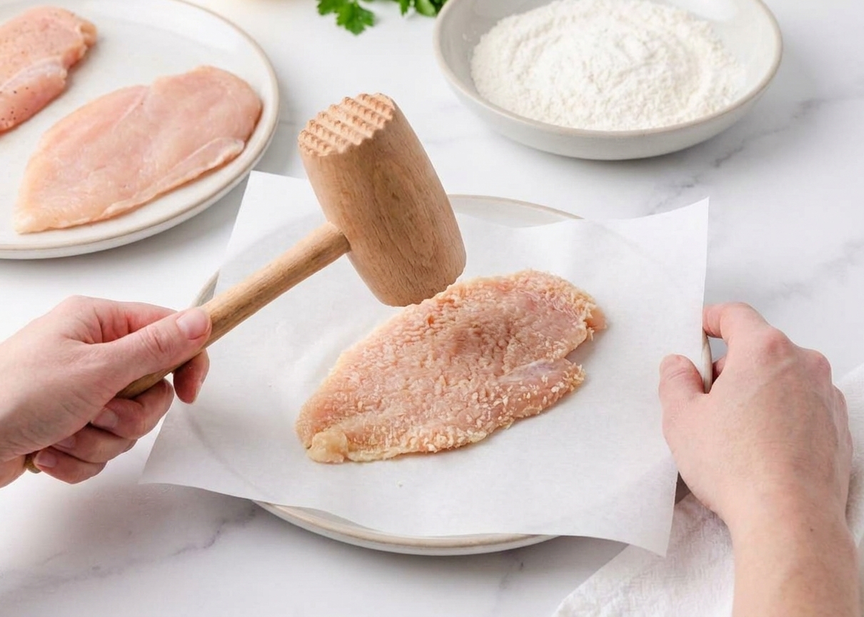 Chicken breast cutlets being pounded thin between sheets of parchment on a kitchen counter with a meat mallet nearby