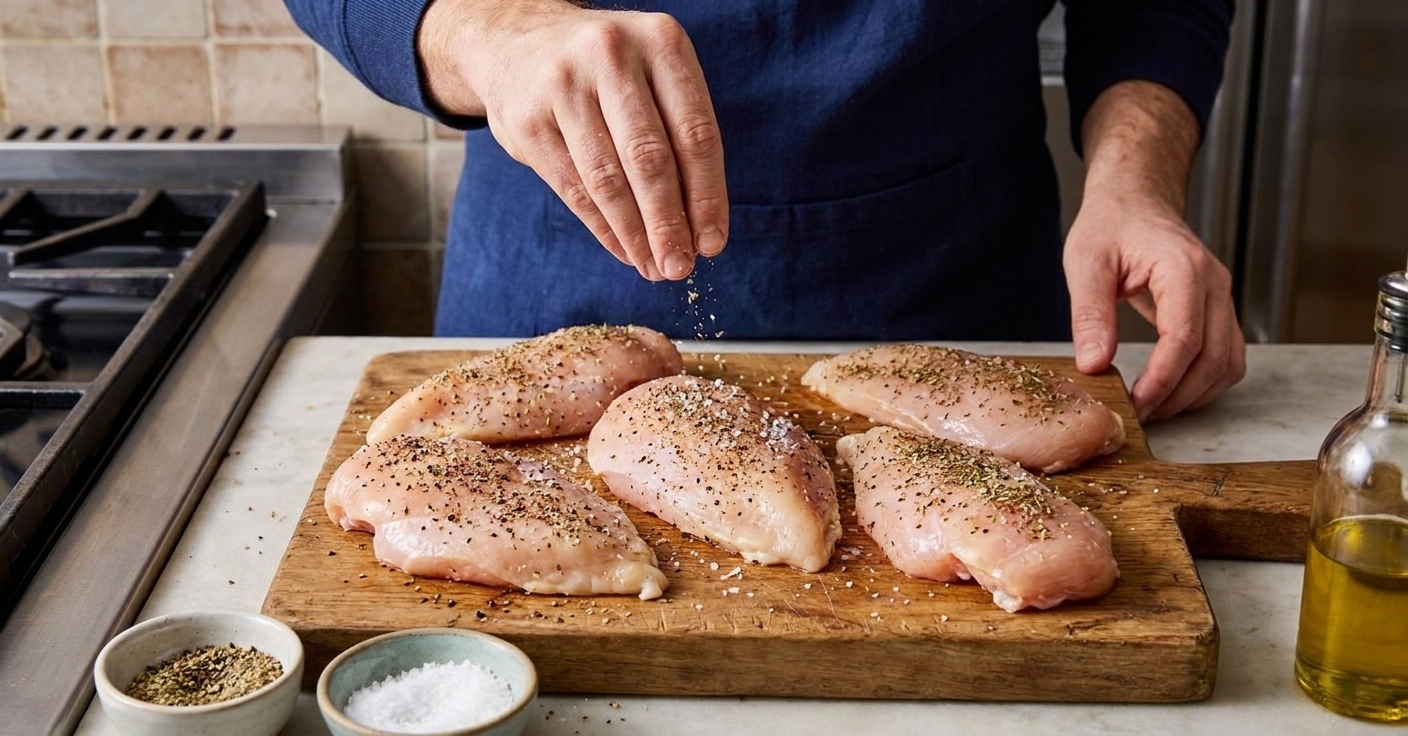 Chicken breast cutlets on a wooden cutting board being seasoned with salt, pepper, and Italian seasoning in a home kitchen