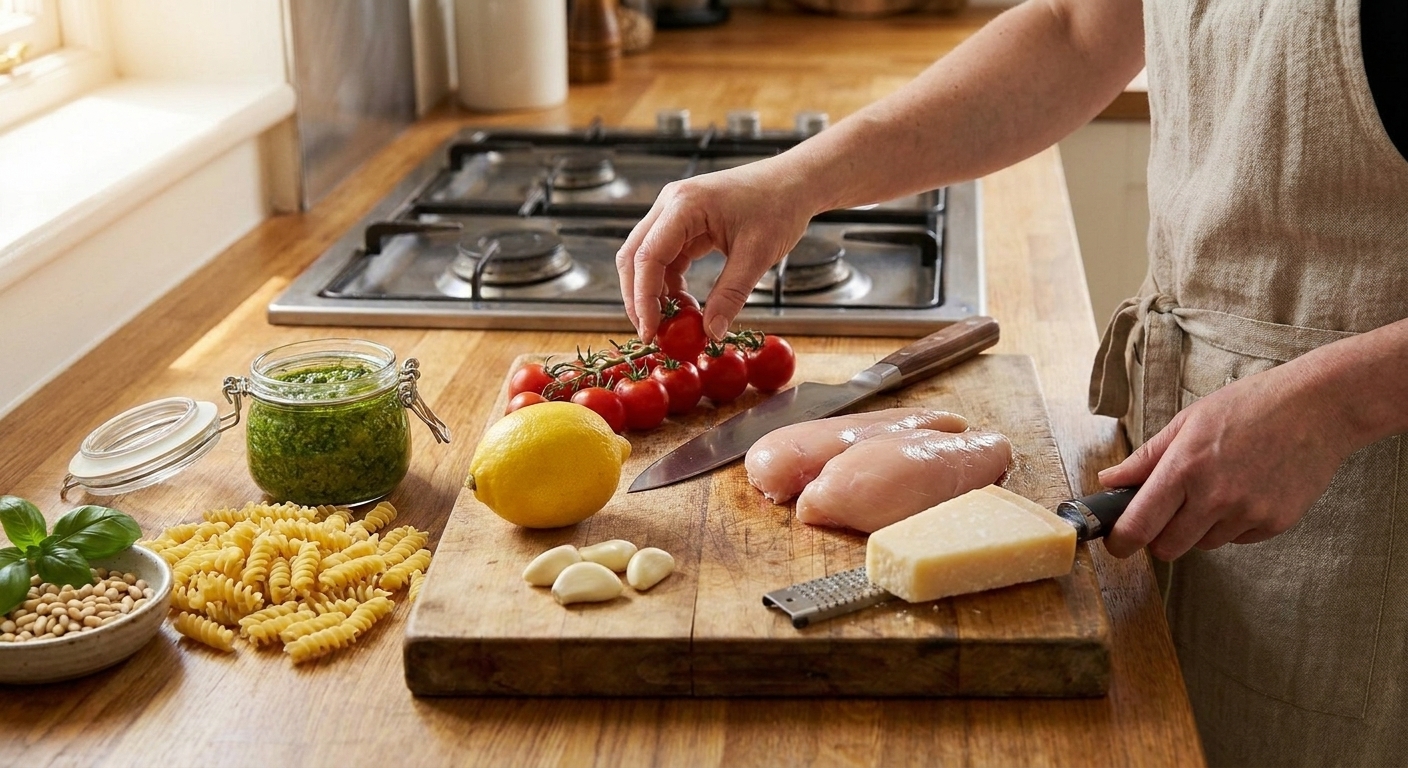 Chicken breast, dried pasta, basil pesto, Parmesan, lemon, garlic, and cherry tomatoes arranged on a light kitchen counter with a cutting board