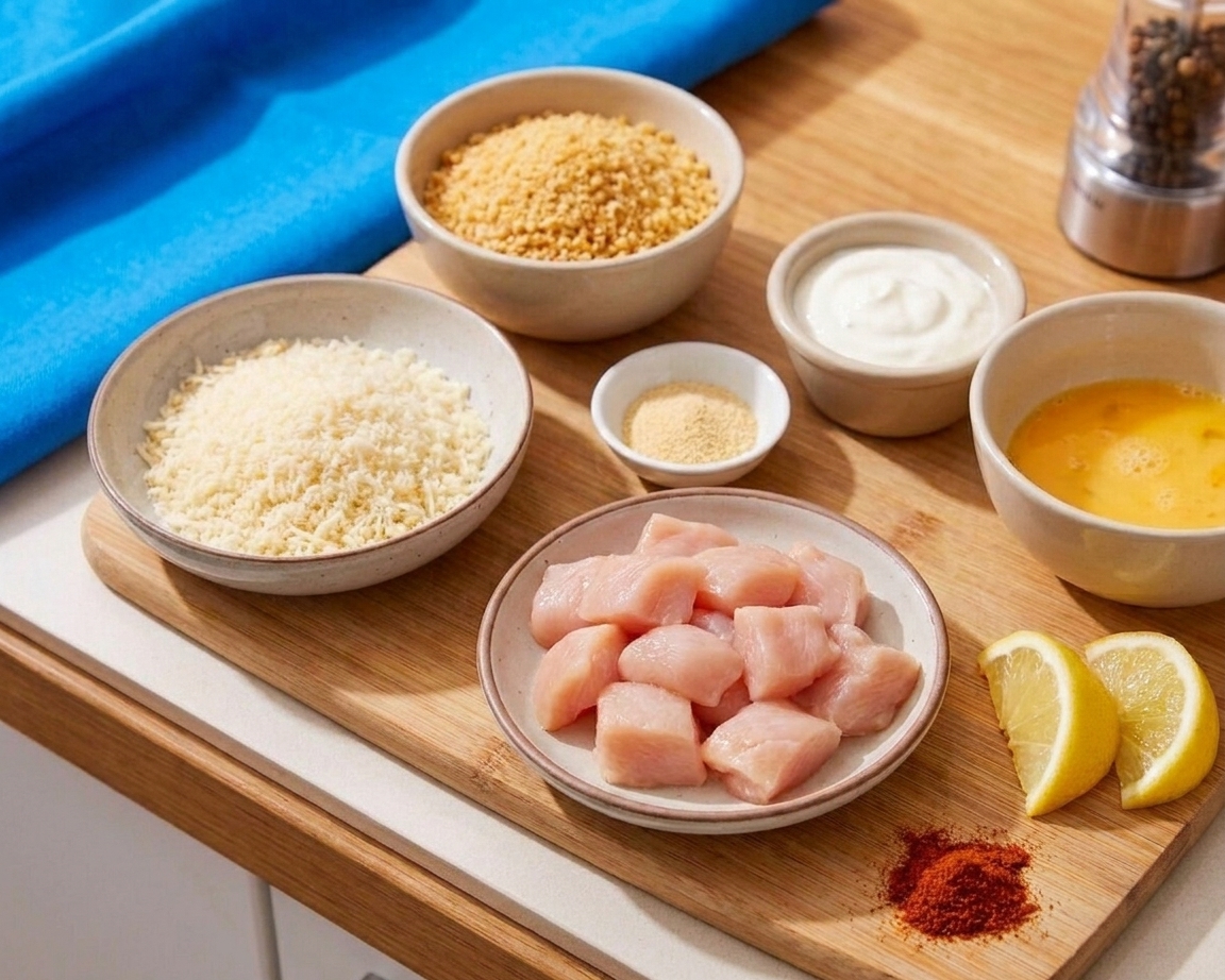 Chicken breast pieces, panko, grated Parmesan, garlic powder, eggs, lemon, yogurt, and spices arranged on a clean kitchen counter