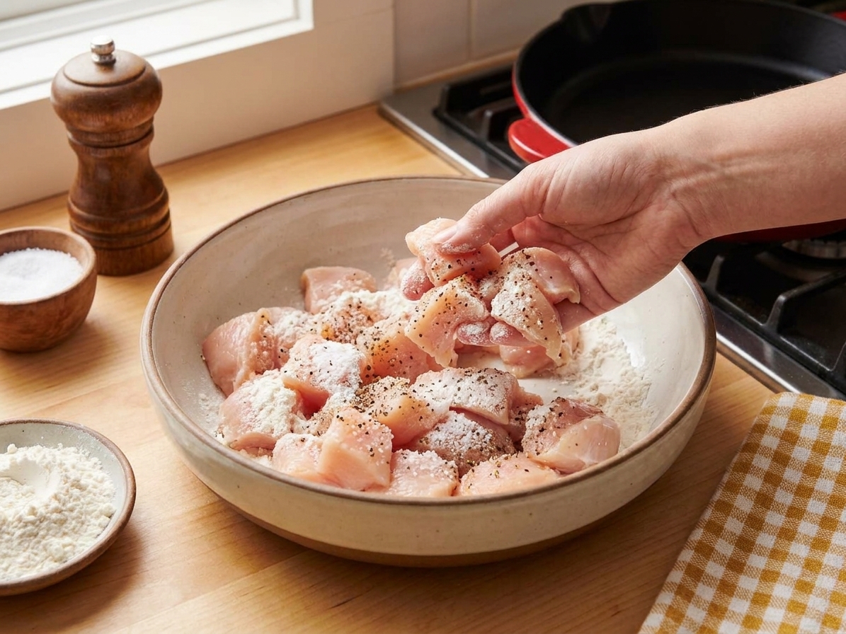 Chicken breast pieces tossed with flour, salt, and pepper in a mixing bowl, ready for browning