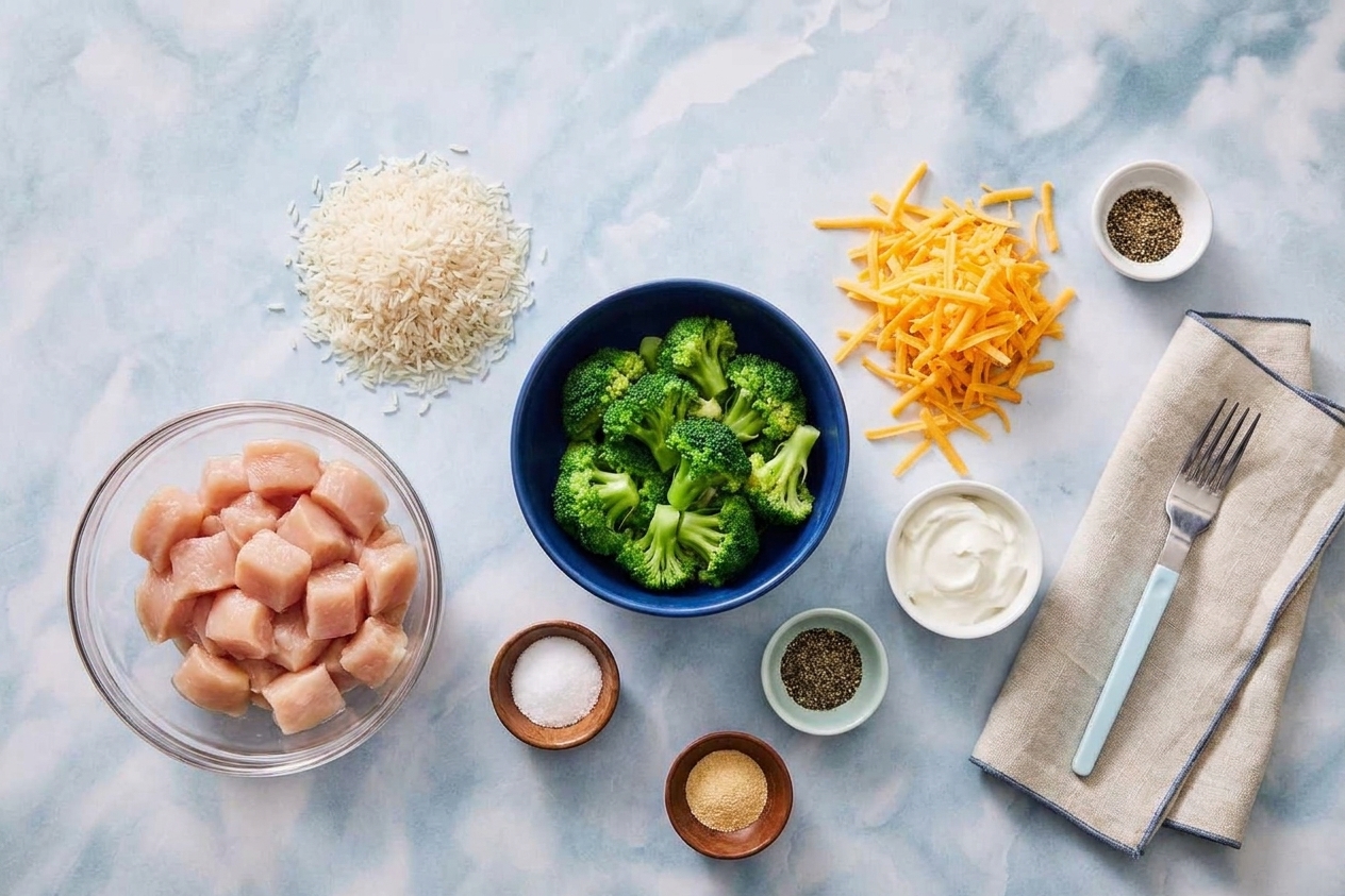 Chicken breast pieces, uncooked rice, shredded cheddar, broccoli florets, sour cream, and seasonings arranged on a bright kitchen counter, ready to cook