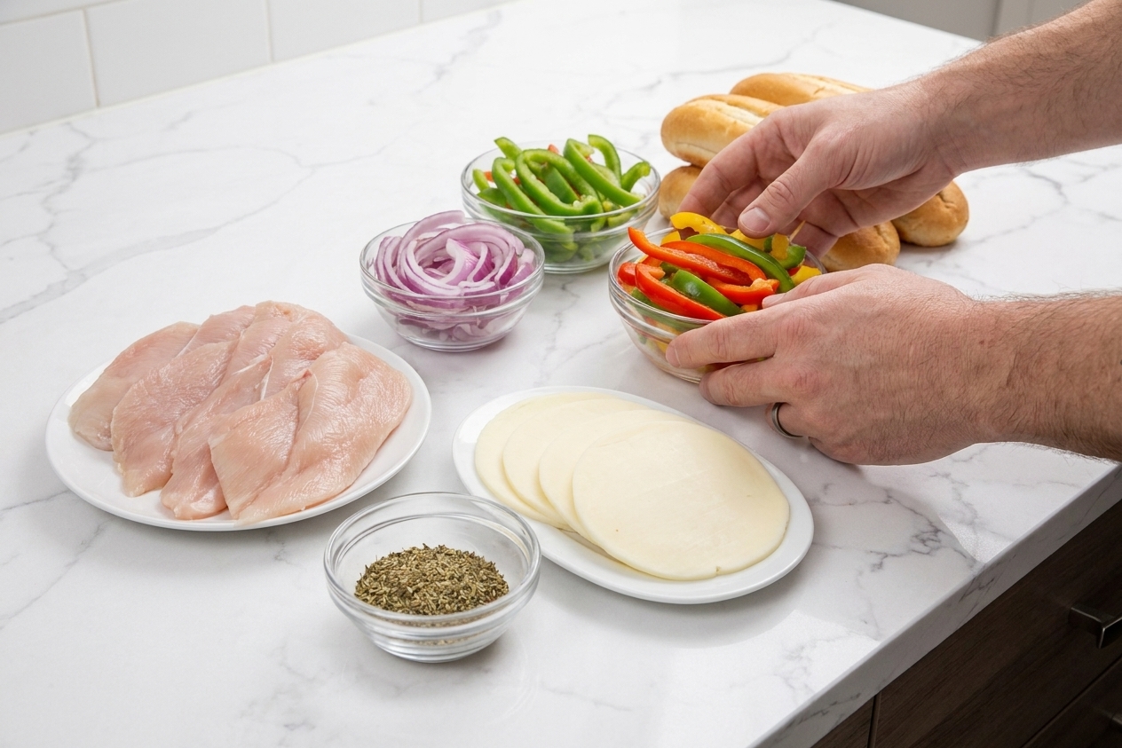Chicken breast, sliced bell peppers, sliced onions, provolone, seasonings, and hoagie rolls arranged on a bright kitchen counter
