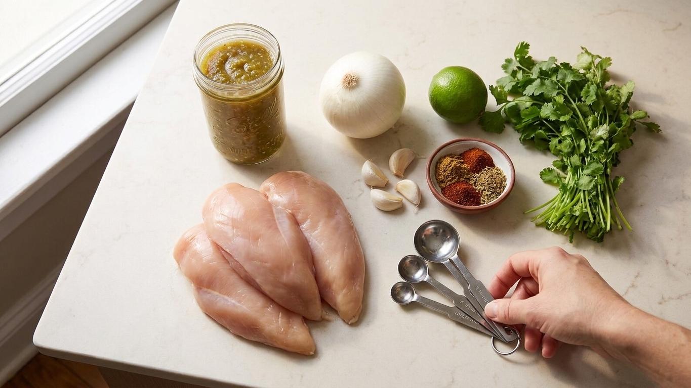 Chicken breasts, a jar of salsa verde, onion, garlic, lime, cilantro, and spices arranged on a light kitchen counter next to measuring spoons