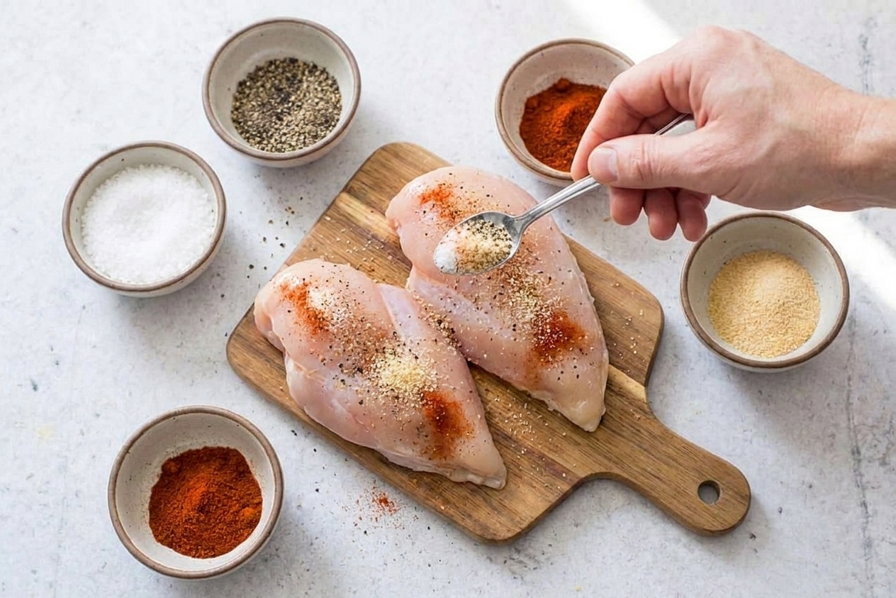 Chicken breasts being seasoned with salt, pepper, garlic powder, and paprika on a cutting board next to small bowls of spices