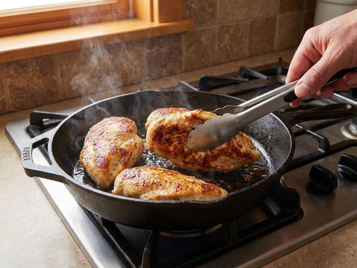 Chicken breasts browning in a hot skillet with visible golden edges and a pair of tongs flipping one piece