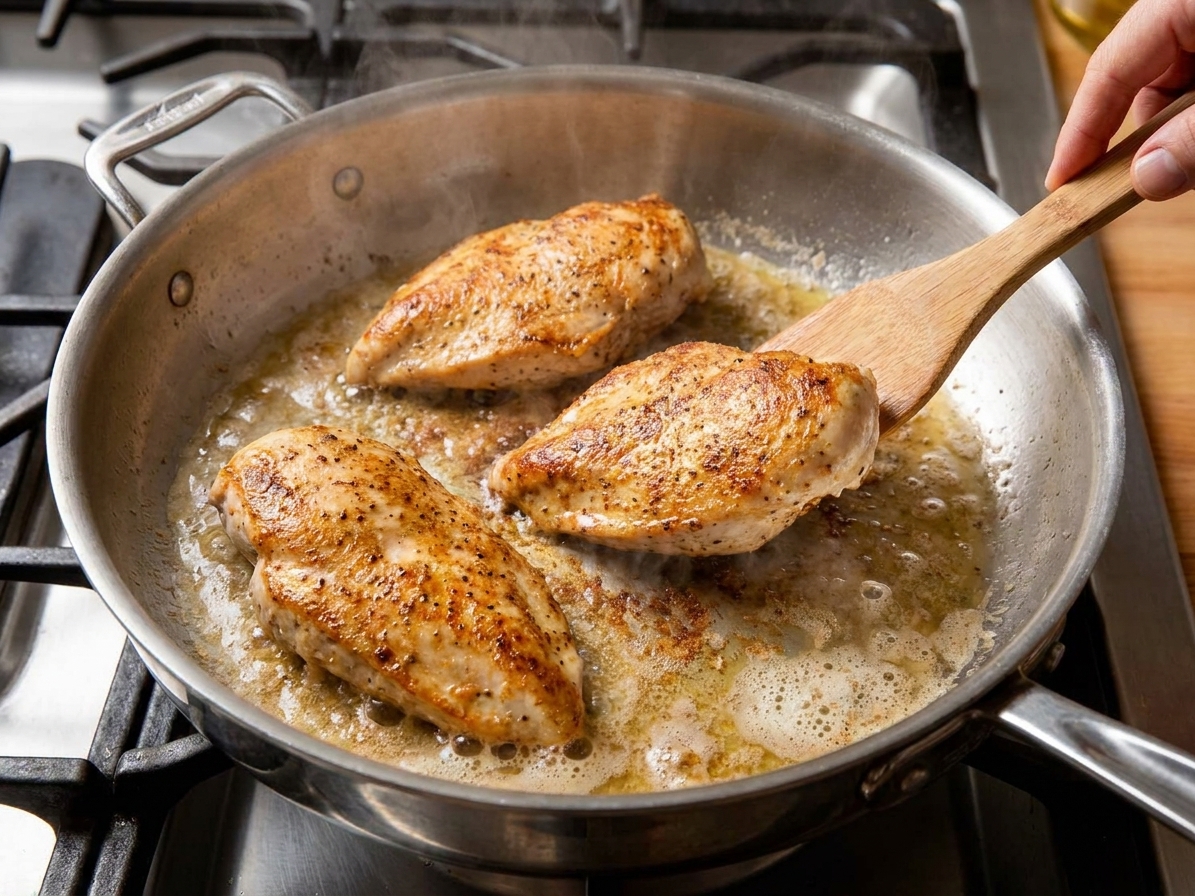 Chicken breasts browning in a large skillet with butter and oil, with golden edges forming