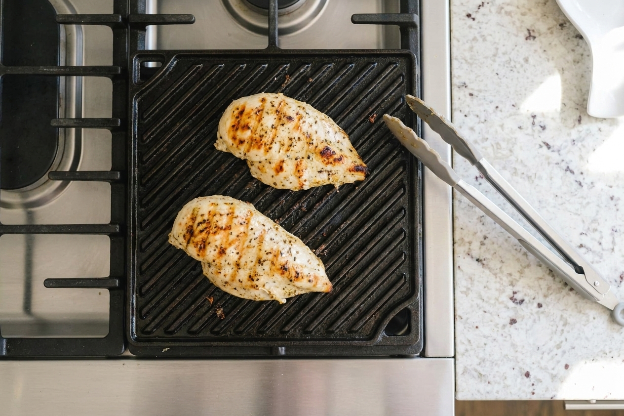 Chicken breasts cooking on a grill with light char marks forming, viewed from above with tongs nearby