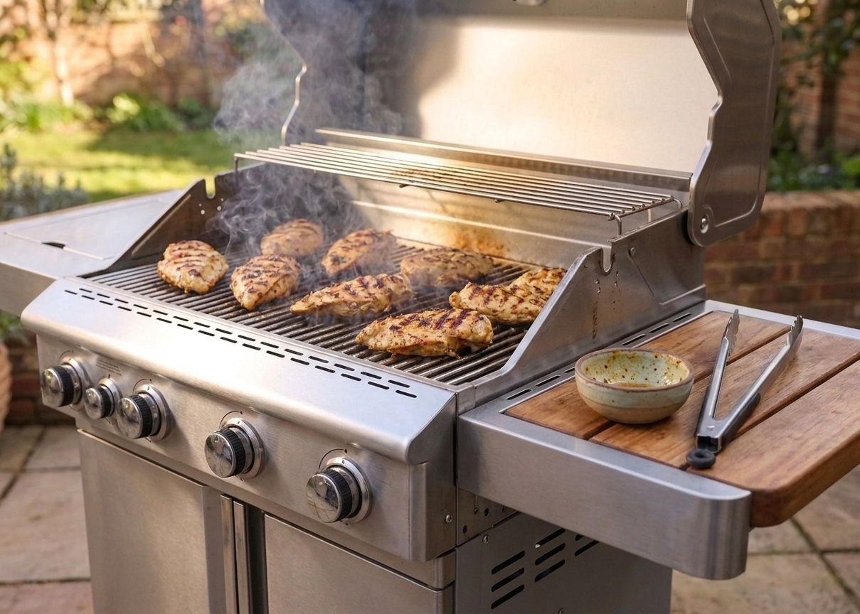 Chicken breasts cooking on a grill with visible grill marks and light smoke rising in the background