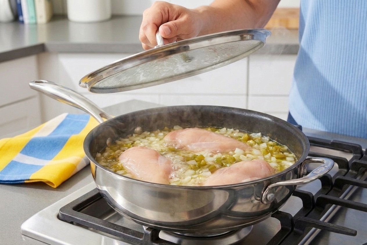 Chicken breasts gently simmering in a pot of broth with onions and green chiles, lid slightly ajar on a stovetop.