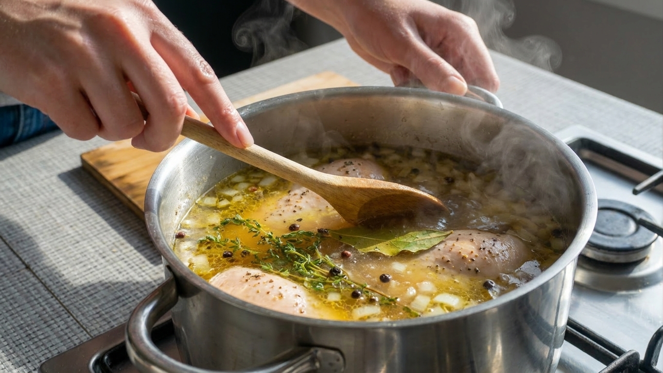 Chicken breasts gently simmering in a pot of seasoned broth on a stovetop, with steam rising