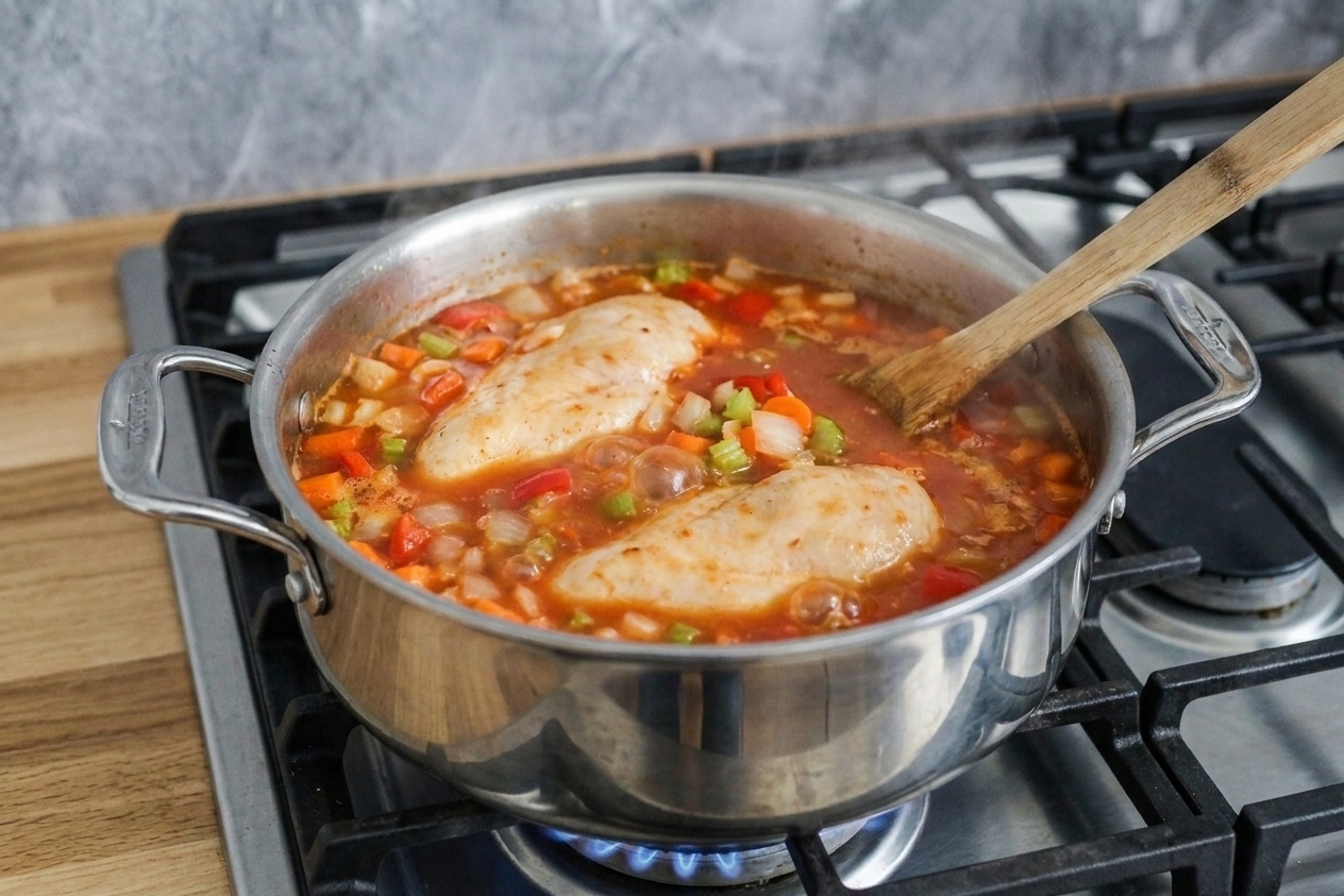 Chicken breasts gently simmering in a pot of tomato broth with vegetables on a stovetop