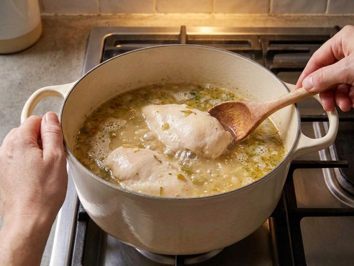 Chicken breasts gently simmering in seasoned broth in a pot, with small bubbles around the edges