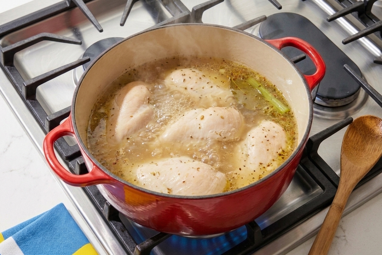 Chicken breasts gently simmering in seasoned broth inside a Dutch oven on the stove
