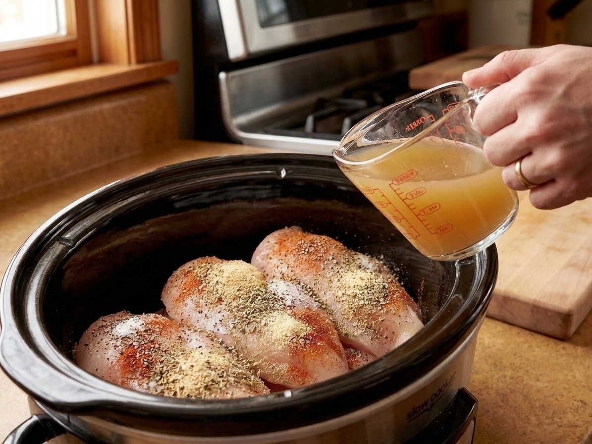 Chicken breasts in a slow cooker insert coated with a simple spice blend before adding broth
