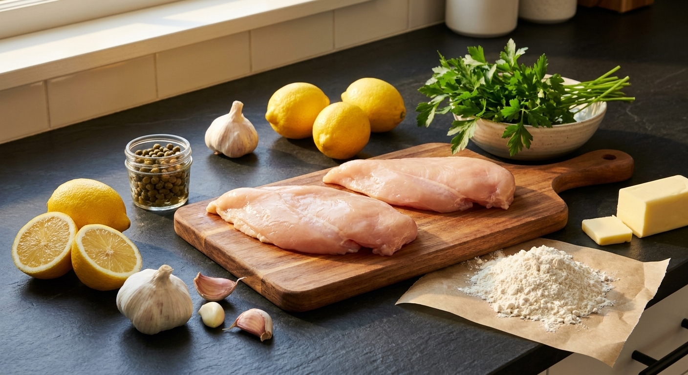 Chicken breasts, lemons, capers, garlic, parsley, butter, and flour arranged on a clean kitchen counter in warm natural light