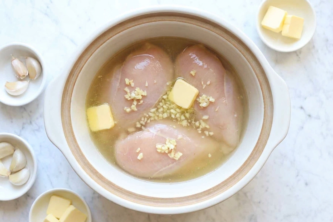 Chicken breasts nestled in chicken broth with garlic and butter in a slow cooker before cooking