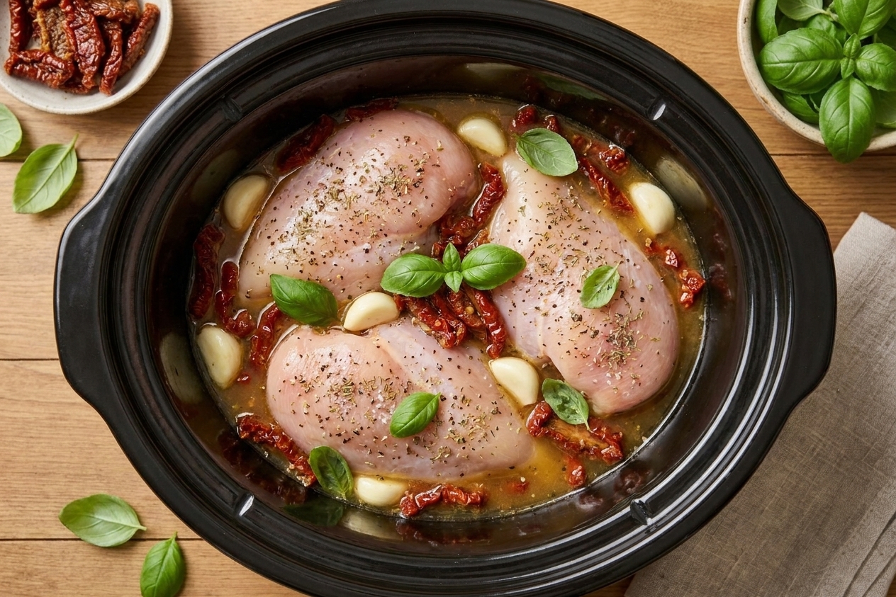 Chicken breasts nestled into a slow cooker with broth, garlic, and sun-dried tomatoes before cooking