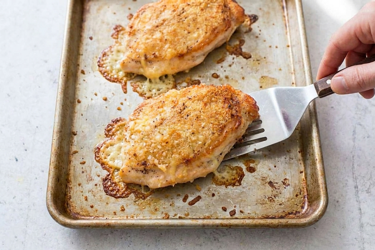 Chicken breasts on a baking sheet with a golden toasted parmesan panko crust just out of the broiler