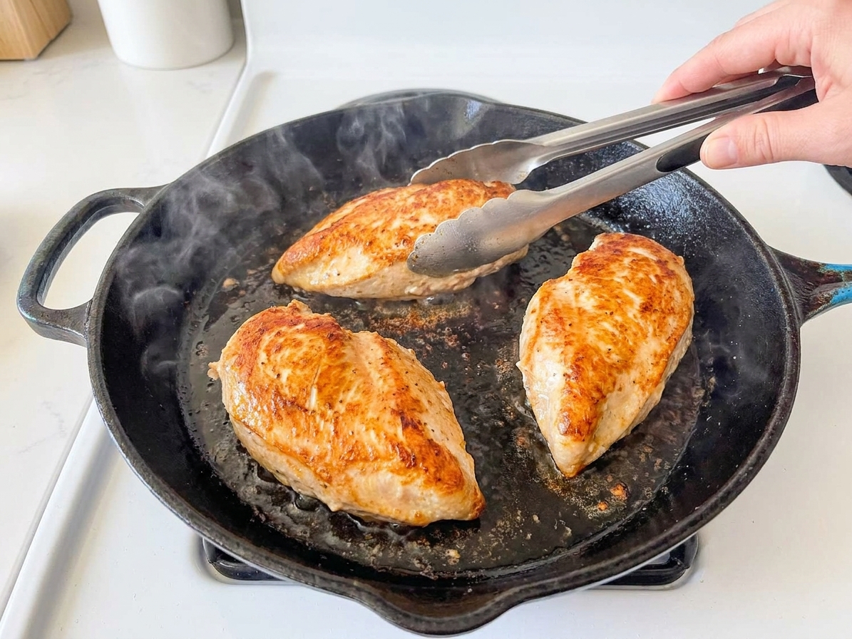 Chicken breasts searing in a hot skillet with a golden brown crust forming on a stovetop