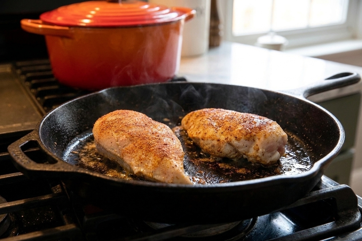 Chicken breasts searing in a hot skillet with a light golden crust forming, kitchen stove in the background