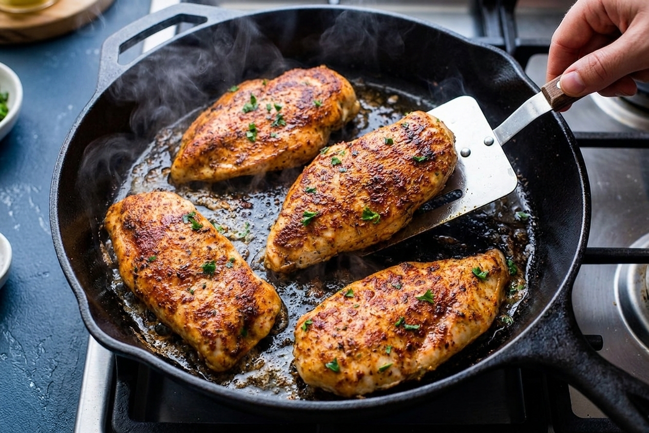 Chicken breasts searing in a hot skillet with browned edges forming