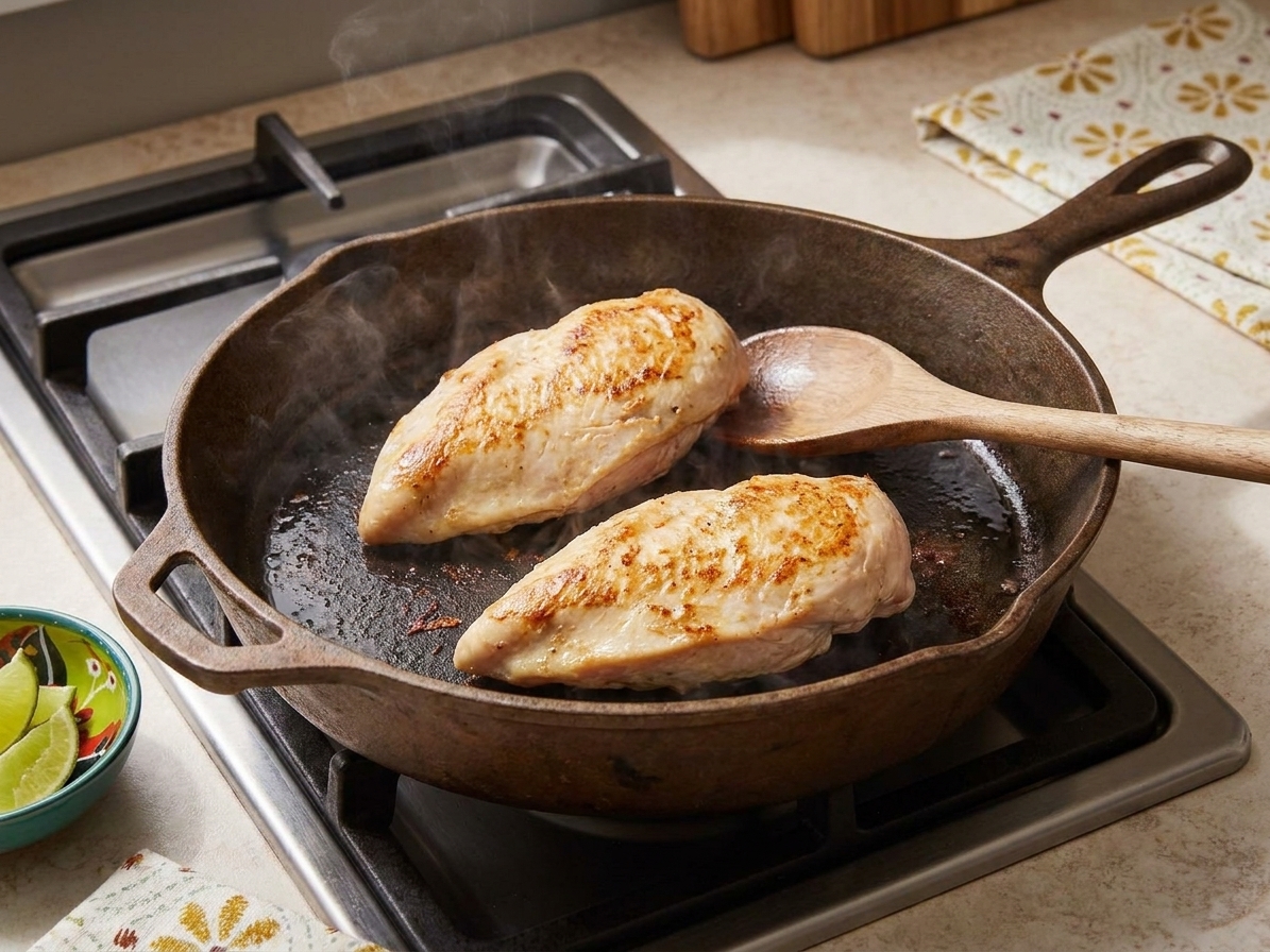 Chicken breasts searing in a large skillet on a stovetop with light browning on the surface