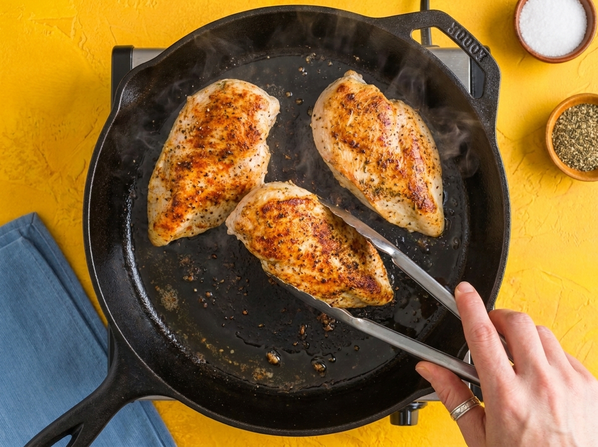 Chicken breasts searing in a skillet with visible spices, golden browned edges, and a pair of tongs turning one piece