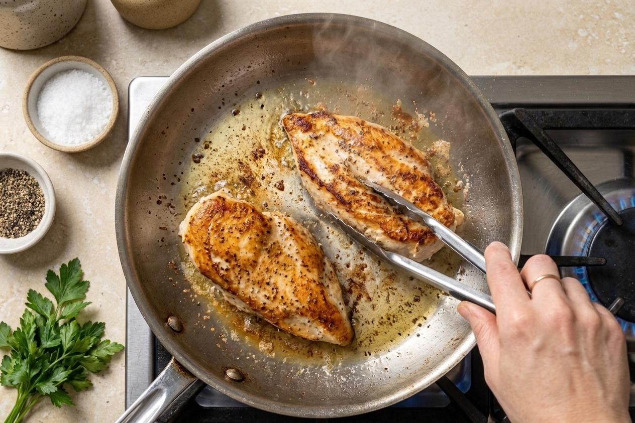 Chicken breasts searing in a stainless steel skillet with golden browned edges forming