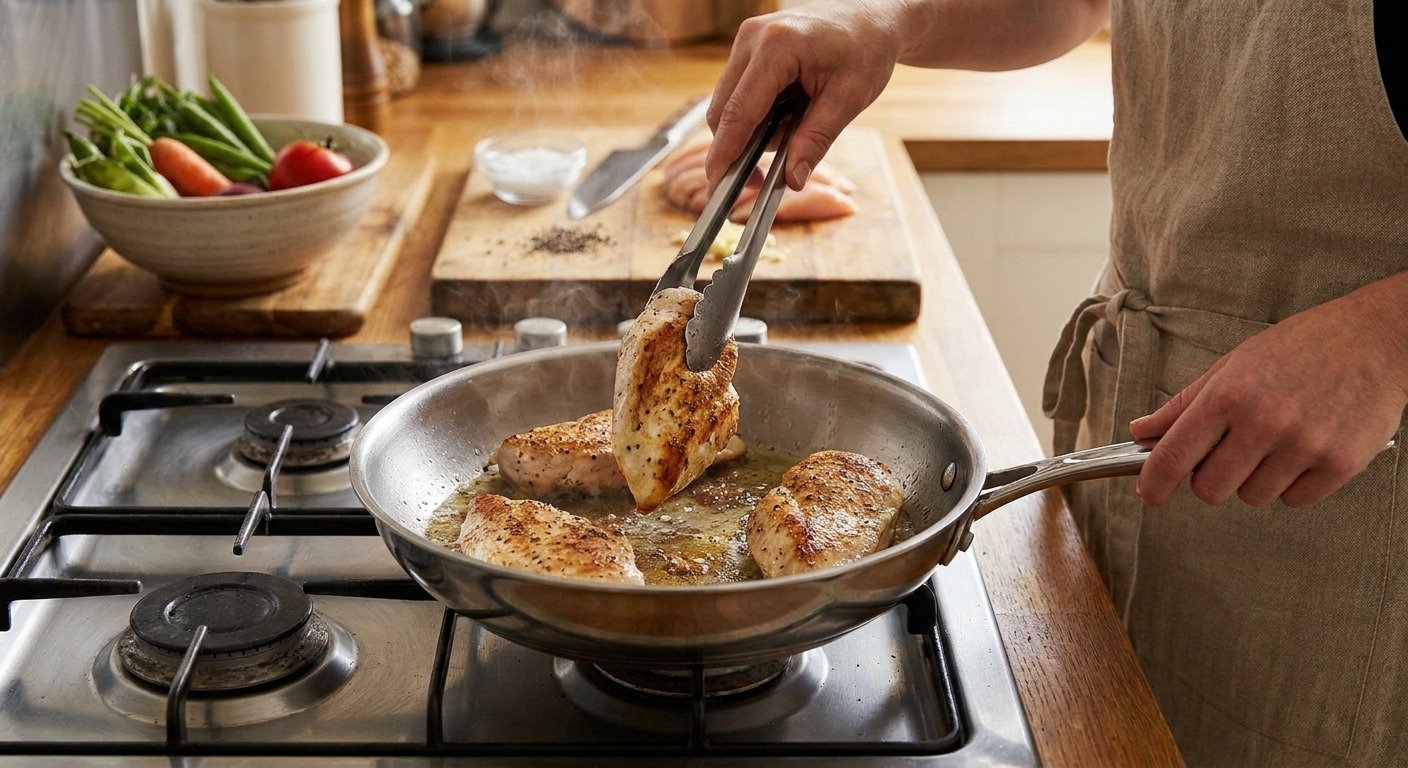 Chicken breasts searing in a stainless steel skillet on a stovetop with golden browned edges forming