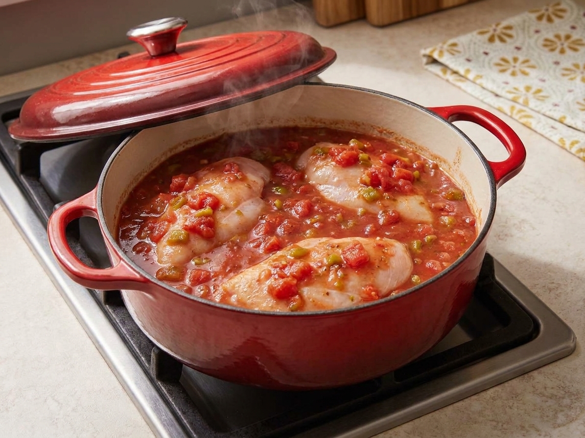 Chicken breasts simmering in red salsa in a covered Dutch oven with the lid slightly ajar