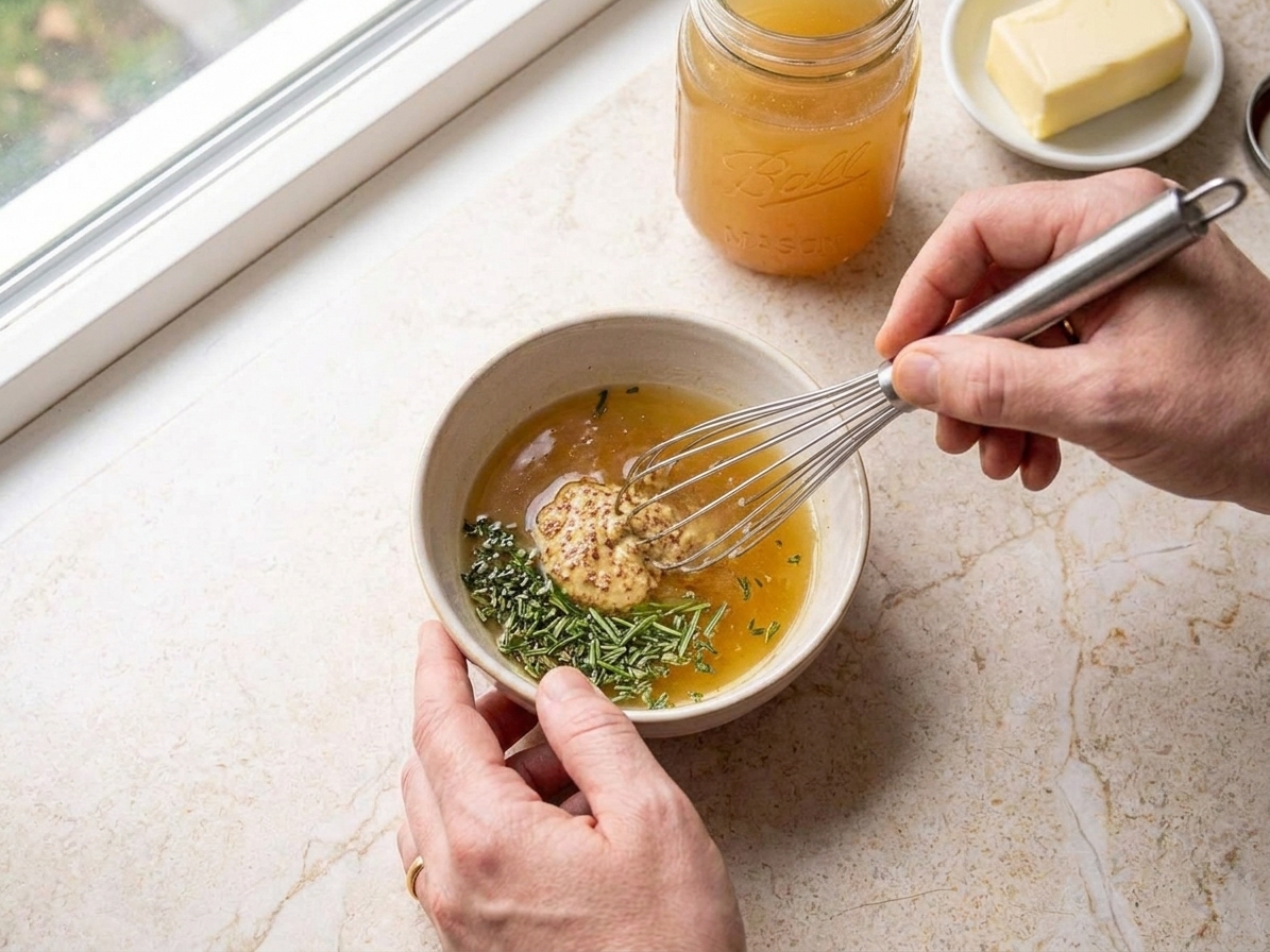 Chicken broth, Dijon mustard, and herbs being whisked together in a small bowl on a kitchen counter