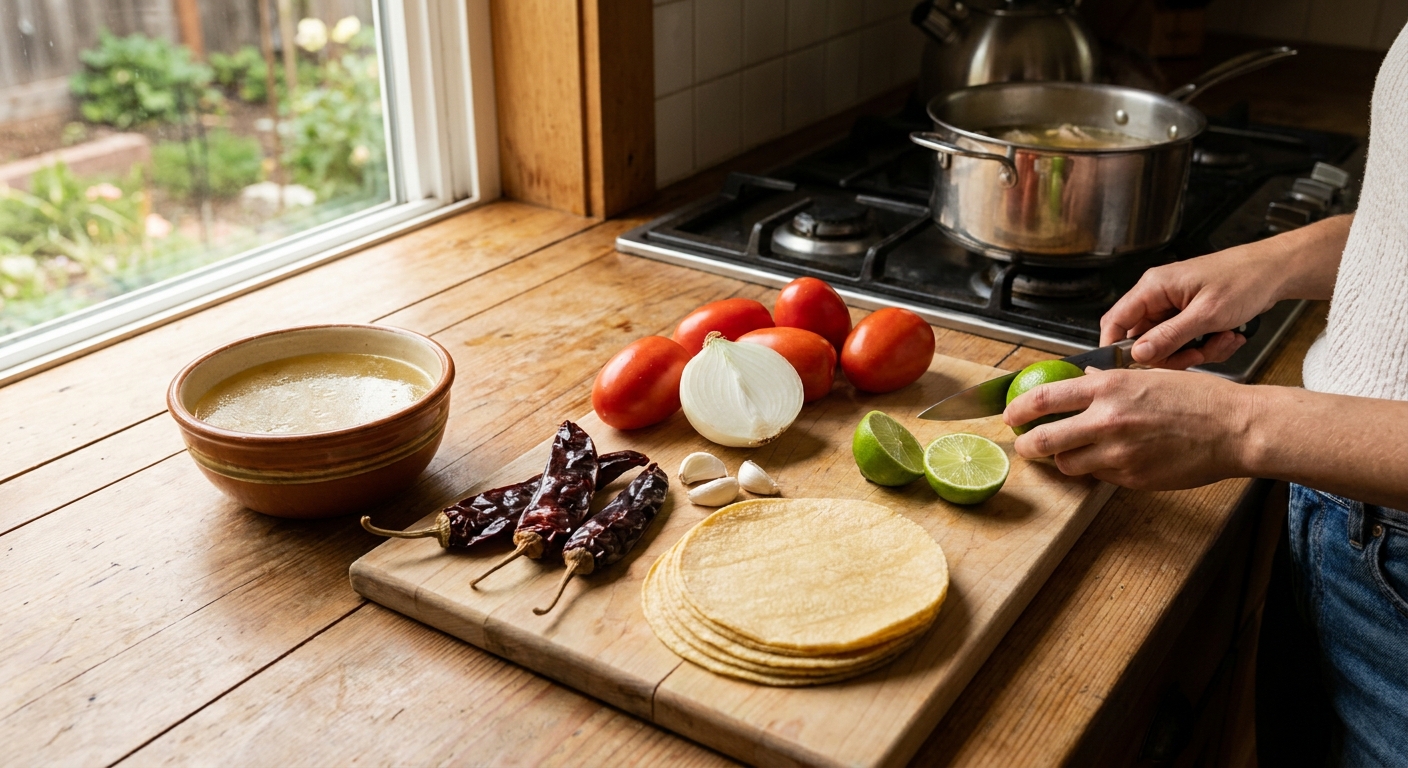 Chicken broth, Roma tomatoes, white onion, garlic, dried chiles, corn tortillas, and fresh limes arranged on a bright kitchen counter