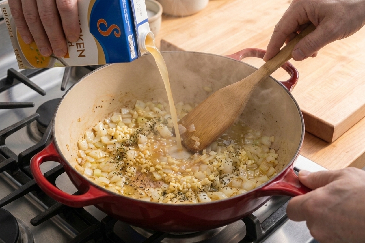 Chicken broth being poured into a Dutch oven with sautéed onions and spices, steam rising