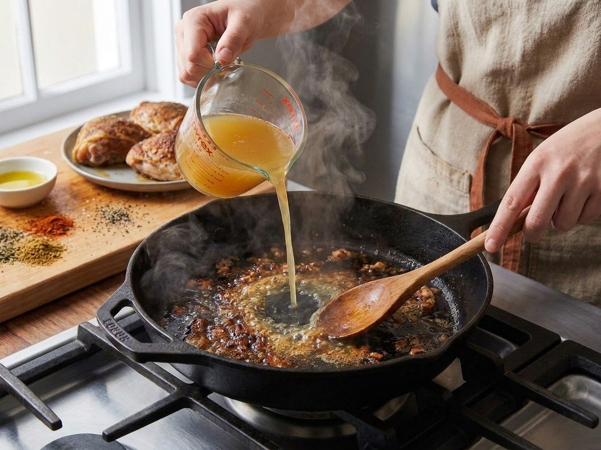 Chicken broth being poured into a hot skillet to deglaze browned bits while a wooden spoon scrapes the pan