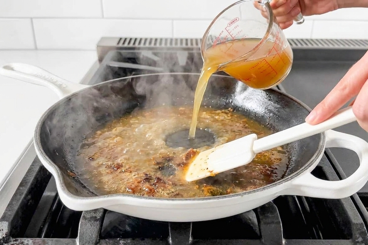 Chicken broth being poured into a hot skillet while a spoon scrapes up browned bits from the bottom
