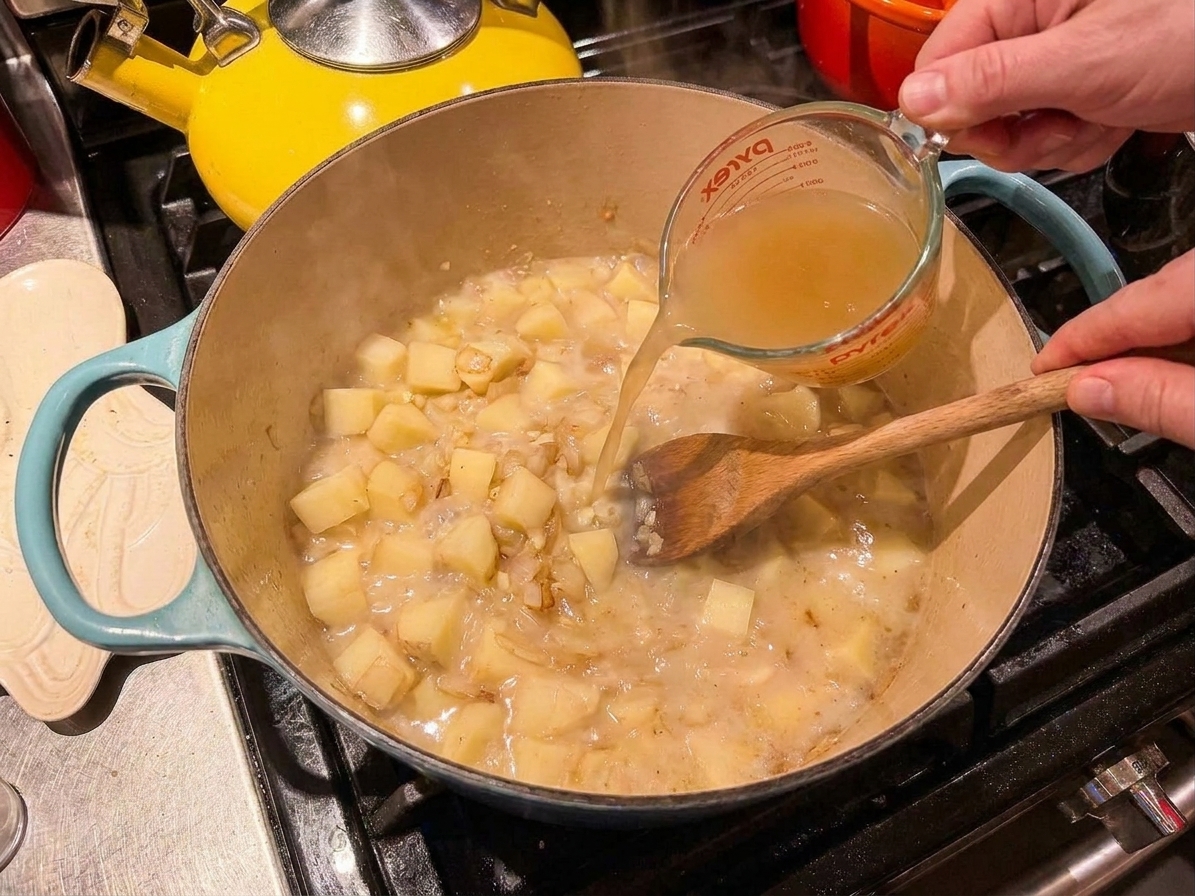 Chicken broth being poured into a pot with potatoes and aromatics, forming a creamy base as it is stirred