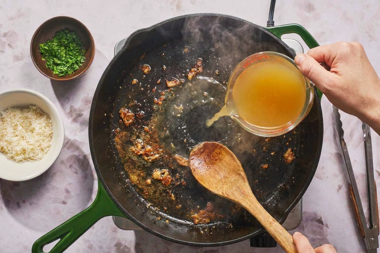 Chicken broth being poured into a skillet to deglaze browned bits, with a wooden spoon scraping the pan