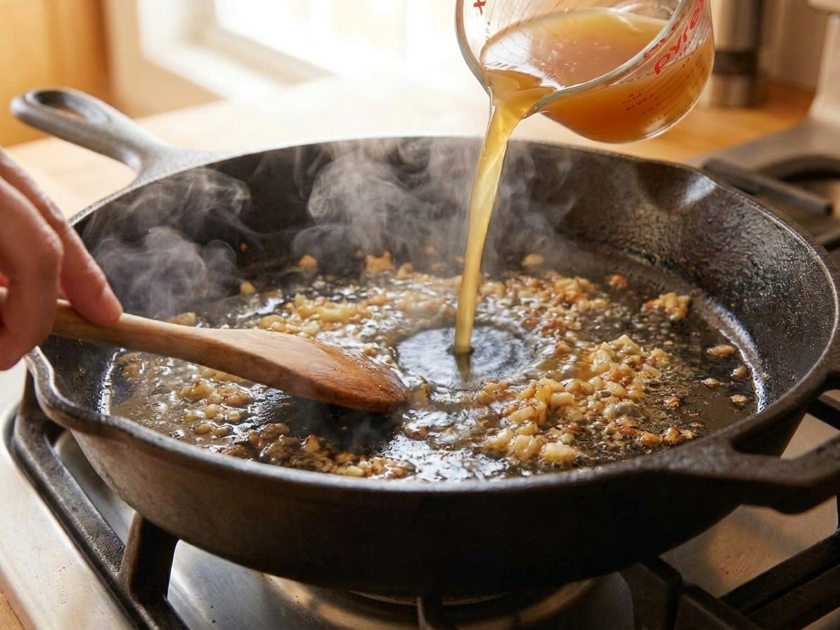 Chicken broth being poured into a skillet while a spoon scrapes browned bits from the bottom