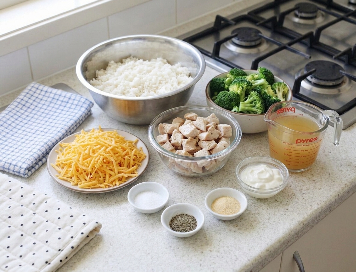 Chicken broth, cooked rice, shredded cheese, broccoli florets, cooked chicken, sour cream, and seasonings arranged on a bright kitchen counter