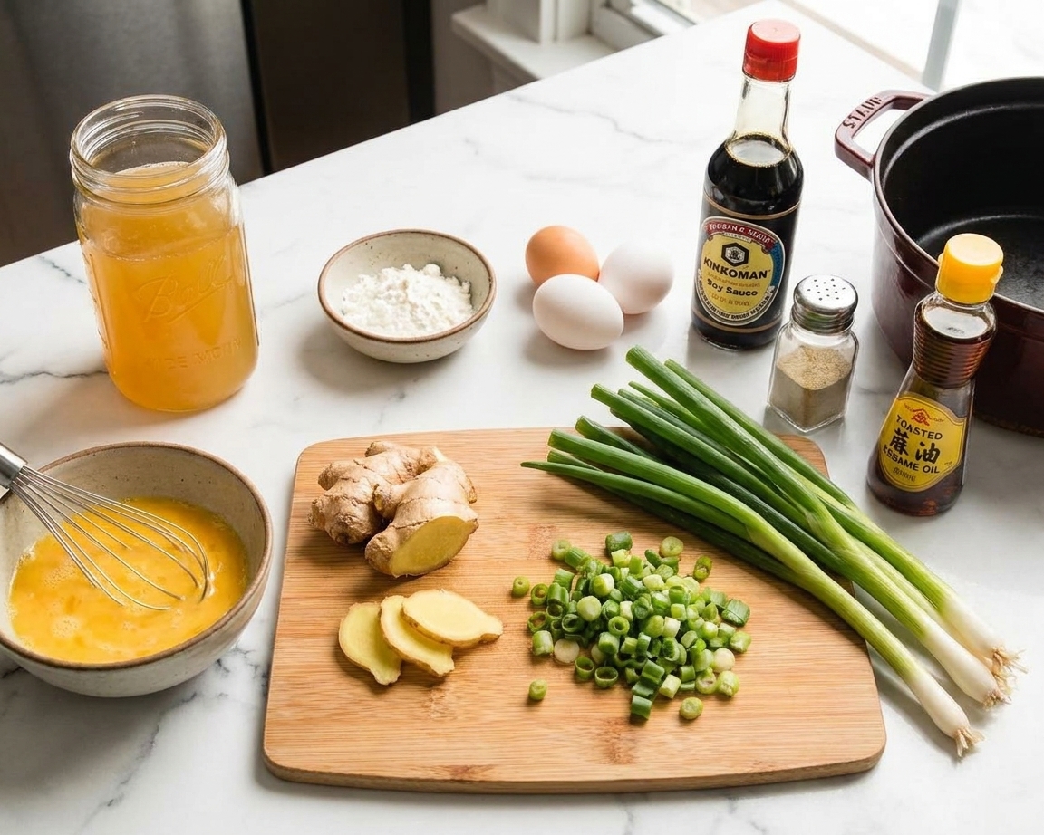 Chicken broth, eggs, cornstarch, ginger, scallions, soy sauce, white pepper, and toasted sesame oil arranged on a bright kitchen counter