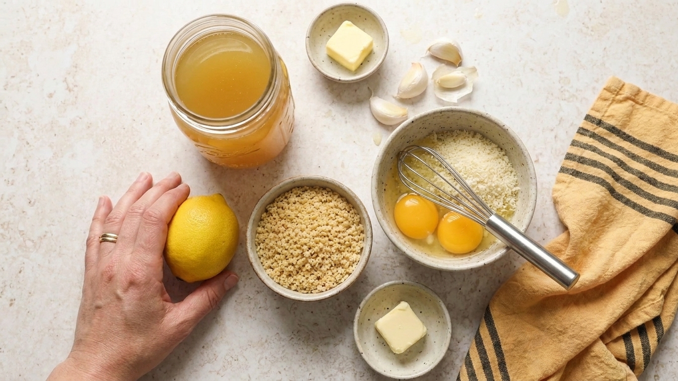 Chicken broth, pastina pasta, eggs, Parmesan, butter, garlic, and a lemon on a kitchen counter ready for cooking